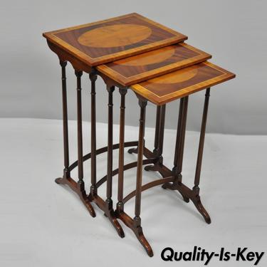 3 Tier Yew Wood &amp; Mahogany English Regency Style Inlaid Nesting End Side Tables