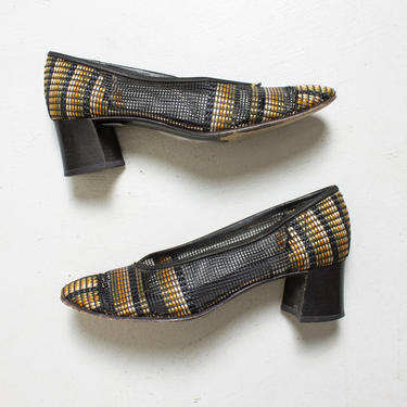 Vintage 1960s Shoes Sheer Woven Mod Chunky Heels sz 37 6 1/2 