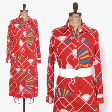 Vintage 70s LANVIN Shirt DRESS / 1970s Bold Graphic Print Midi Length Dress by luckyvintageseattle