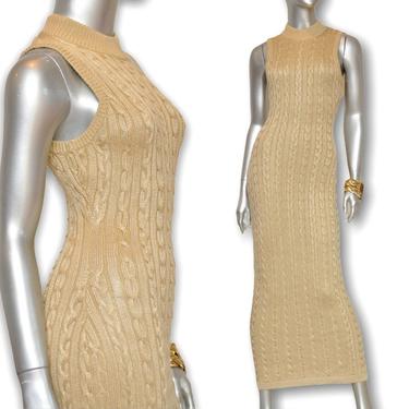 Vintage Gold Cable Knit Sweater Dress Contemp Casual Fitted Long Dress M 