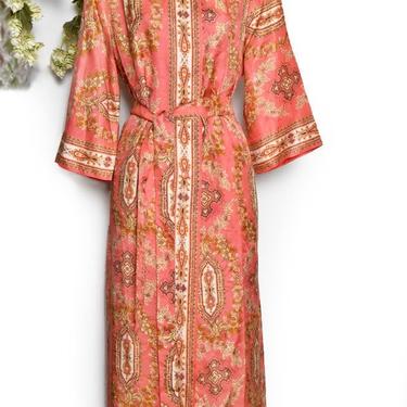vtg Caftan Dress Jacket, 1960's Hippie MOD Kaftan Dress, Peach Gold Print, Medium Boho Style, Long Jacket &amp; Belt, Vintage Dress 