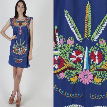 Royal Blue Mexican Dress / Womens Mexican Embroidered Dress / Summer Party Bright Floral Beach Sun Tank Mini Dress 