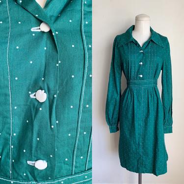 Vintage 1970s Green Dotted Apple Button Dress / M 