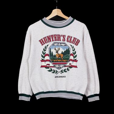 90s Arkansas Hunter&#39;s Club Striped Trim Sweatshirt - Petite Medium | Vintage Heather Grey Graphic Tourist Pullover 