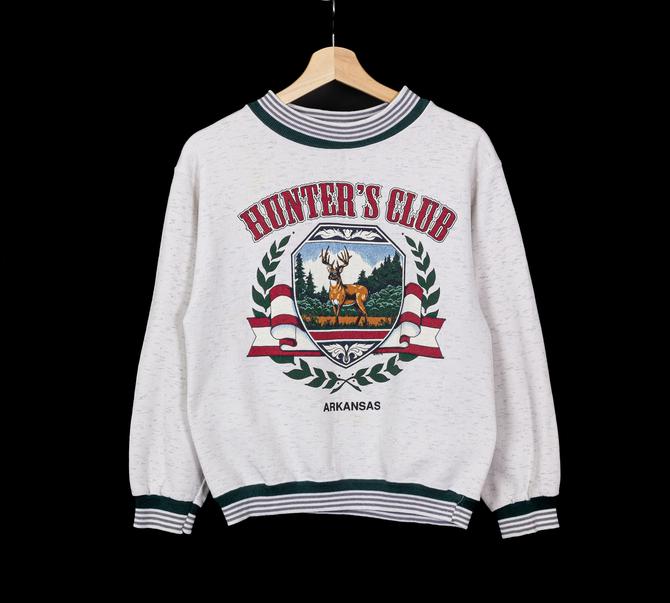 90s Arkansas Hunter's Club Striped Trim Sweatshirt - Petite Medium | Vintage Heather Grey Graphic Tourist Pullover 
