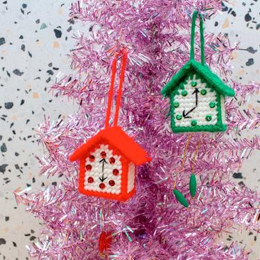 Vintage 1970s Clock Ornaments - Handmade Cuckoo Clock Ornament Cross Stitch Holiday Decoration Christmas Decor - Set/2 