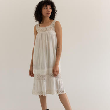 Vintage White Cotton Crochet Dress | Antique Summer Nightgown | XS S | 