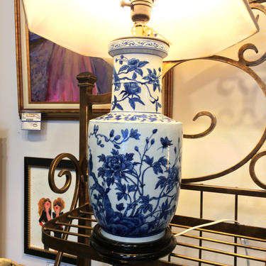 Blue and White Vintage Peacock Vase Lamp by TheMarketHouse