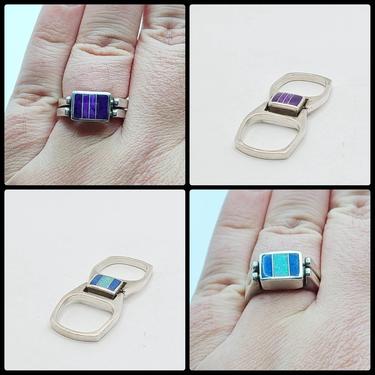 Gloria Sawin Unique 2-in-1 Sterling Silver 925 Multi Color Opal Inlay Reversible / Flip Ring. Size 5.5 