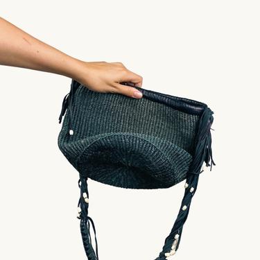 Vintage Black Small Woven Sisal Zippered Bag with Leather Strap 