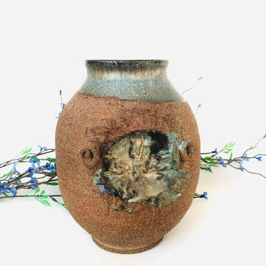Signed Mid-Century Brutalist Stoneware Studio Pottery Art Vase | Planter  || Abstract Hand Thrown Ceramic Art Bulbous Vase 
