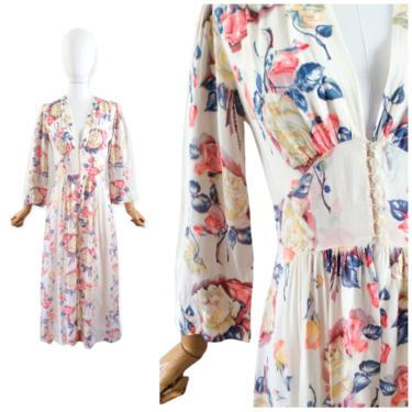 40s Floral Print Rayon Floor Length Cover Up / 1940s Vintage Dressing Gown / Medium / Size 8 