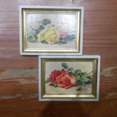 Vintage Set Two 2 Flower Floral Rose Pictures Wall Hangings Framed Art Country Cottage Farmhouse Decor Botanical Farmhouse Country Cottage 