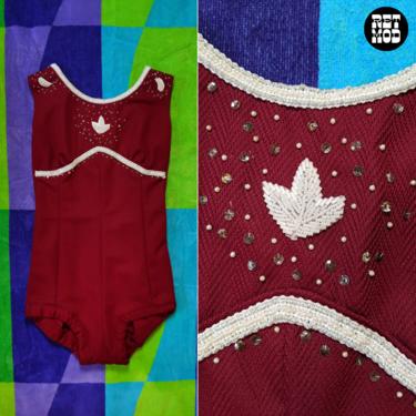 JUNIOR SIZE - Vintage Maroon & White Bedazzled Bodysuit Leotard Costume Outfit 