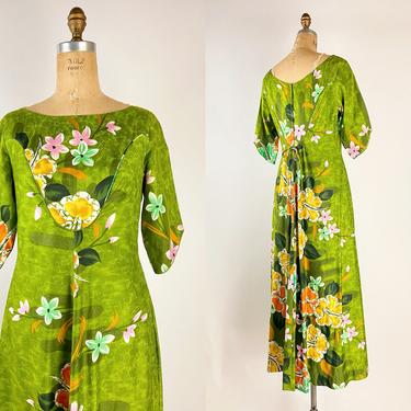 60s Floral Hawaiian Maxi Dress / 1960s Tropical Dress / Tiki Dress / Size S/M 