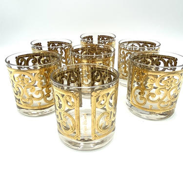 Georges Briard Spanish Gold Low Ball Glasses, 22K, Set of 7, Old Fashioned Rocks Glass, Mid Century Modern Barware, Vintage Cocktail Glasses 