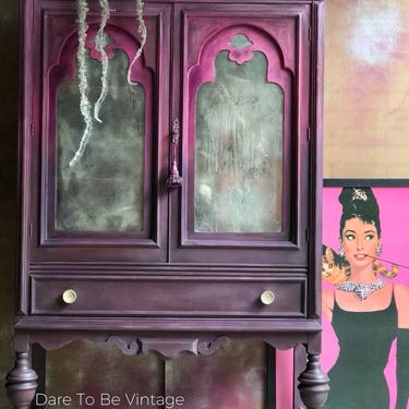 Vintage Buffet China Cabinet - Hand Painted Armoire in Pinks Purple - Shabby Chic Cabinet 