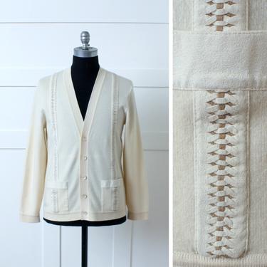 mens vintage zephyr wool sweater • ivory fine wool cardigan with braided suede trim • long sleeves &amp; pockets 