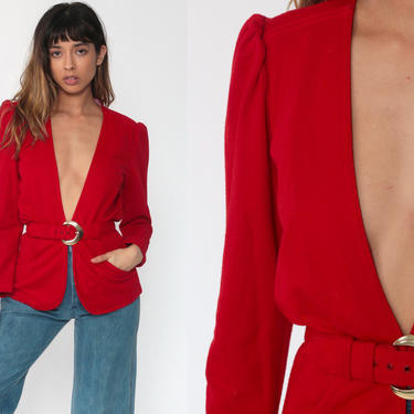 Puff Sleeve Blazer Jacket 80s Red Jacket Plunge V Neck Red Belted Jacket Secretary Vintage 1980s Women Deep V Jacket Small s 