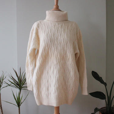 Vintage Ivory Cable Knit Lambswool Angora Turtleneck Tunic Sweater Women&#39;s Size XS S 