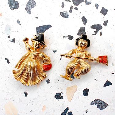Vintage 1990s Avon Halloween Pin - Scarecrow Witch Boy & Girl Gold Tone Brooch Set 