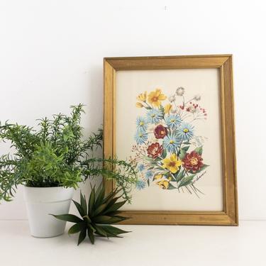RF Harnett Framed Floral Lithograph, Vintage Botancial Print in Gold Wood Frame, Cottagecore Wall Decor, Farmhouse, Boho Wall Art 