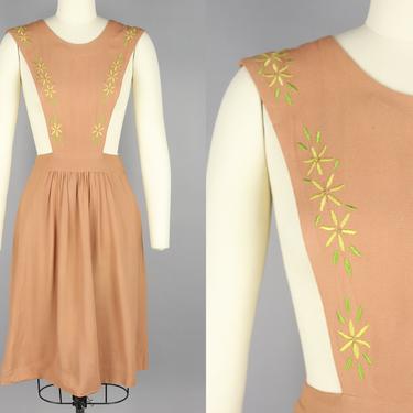 1940s Rayon Pinafore | Vintage 30s 40s Embroidered Jumper Dress | xs 