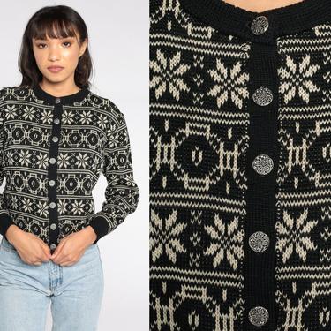 Norwegian Sweater FAIR ISLE Cardigan 80s Wool Sweater Boho Nordic Sweater Vintage Black Snowflake Button Up Medium 