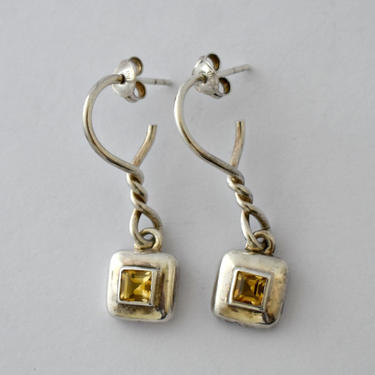 Edgy 80's sterling citrine barbed wire goth stud dangles, unusual abstract yellow princess cut gems twisted 925 silver wire earrings 