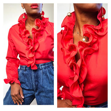 Vintage 1960s 1970s 70s Ruffled Collar Sleeve Button Front Red Blouse Top Disco Party Medium Large Keepers Vintage 