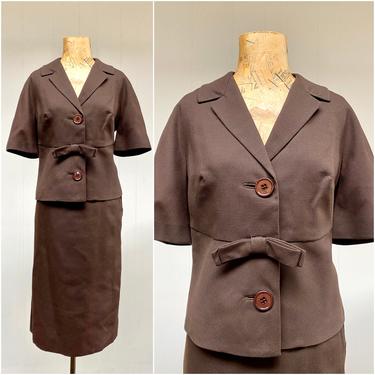 Vintage 1950s Brown Skirt Suit, 50s Textured Chocolate Rayon 2 Piece Ensemble, Medium 