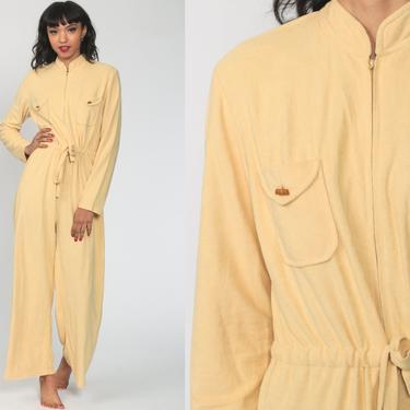 Yellow Jumpsuit 70s Terry Cloth Button Up Straight Leg Pants Pantsuit Vintage Long Sleeve Romper 1970s High Waisted Retro Zip Up Medium 