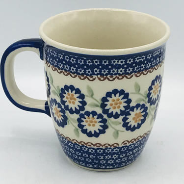 Vintage Boleslawiec Ceramika Pottery Mug Blue and Floral Pattern- Hand Made Painted Poland- Nice Condition 