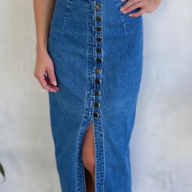 90s Vintage Minimalist Denim Midi Skirt - High waist Button up High slit Mid Blue Jean Skirt 