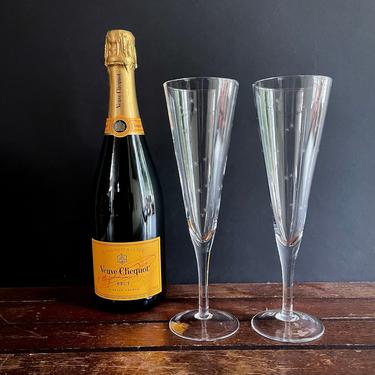 2 Vintage, Mid Century Modern, Etched Atomic Starburst Champagne Flutes - Wedding, Anniversary, Celebration, New Year, Toasting Glasses 