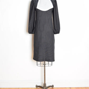 vintage 80s dress black pinstripe jabot ruffle secretary puff midi dress S M clothing 