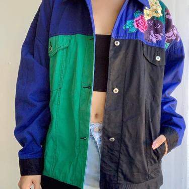 80's Woman with Flowers Graphic Patched Jacket  (Made in Hong Kong) 
