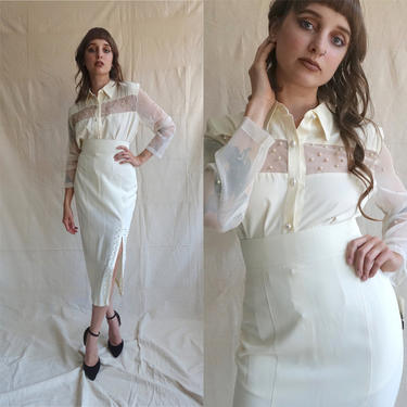 Vintage 80s Pearl Studded Two Piece Set/ 1980s White Western Pencil Skirt and Blouse/ White Suit/ Size Small 