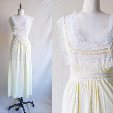 Vintage 40s Butter Yellow Bias Cut Nightgown/ 1940s Lady Edso Pastel Long Dress/ Size Medium 