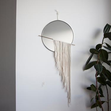 The Skos - Circle Mirror with Fringe and Chain & Brass Detail - Wall Mirror Hanging, Stained Glass Mirror, Modern Mirror Wall Decor 