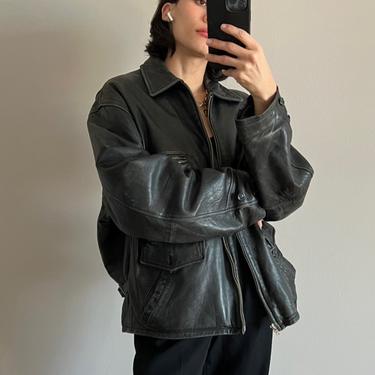 Vintage Charcoal Leather Bomber Jacket