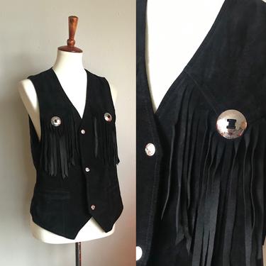 Vintage black leather fringe cowboy vest for women size small 