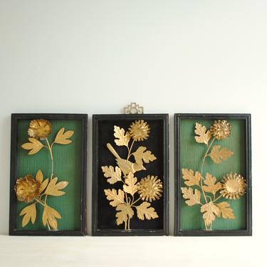 Vintage Metal Flower Wall Art, Set of 3 Framed Gold Metal Flowers, Mid Century Asian Art, 3D Floral Wall Hangings, Cut Metal Flower Wall Art 