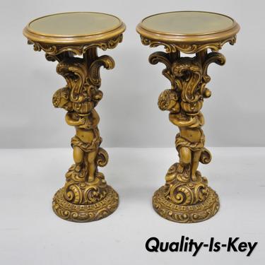 Pair of French Rococo Style Figural Cherub Angel Pedestal Plant Stands Table