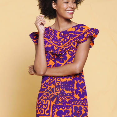 maxi dress Hawaiian floral print cotton ruffled bib purple orange sleeveless vintage 70s SMALL S 