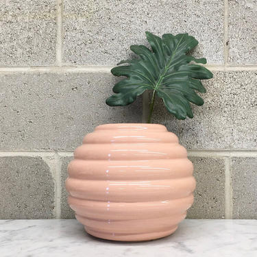 Vintage Vase Retro 1980s Contemporary + Ceramic + Pastel Pink + Ribbed + Sphere + Round + Large Size + Plant or Flower Display + Home Decor 