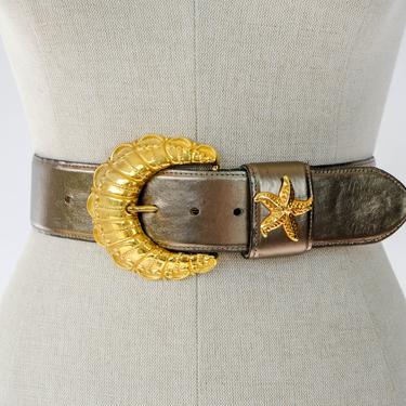 Vintage 80s Metallic Bronze Leather & Chunky Buckle Adjustable Belt w/ Gold Metal Starfish | 100% Genuine Leather | 1980s Designer Boho Belt 