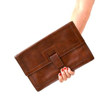 Vintage Brown Leather Clutch Handbag Envelope Bag Purse Brown// 80s Vintage Leather Purse Brown By Anne Klein 