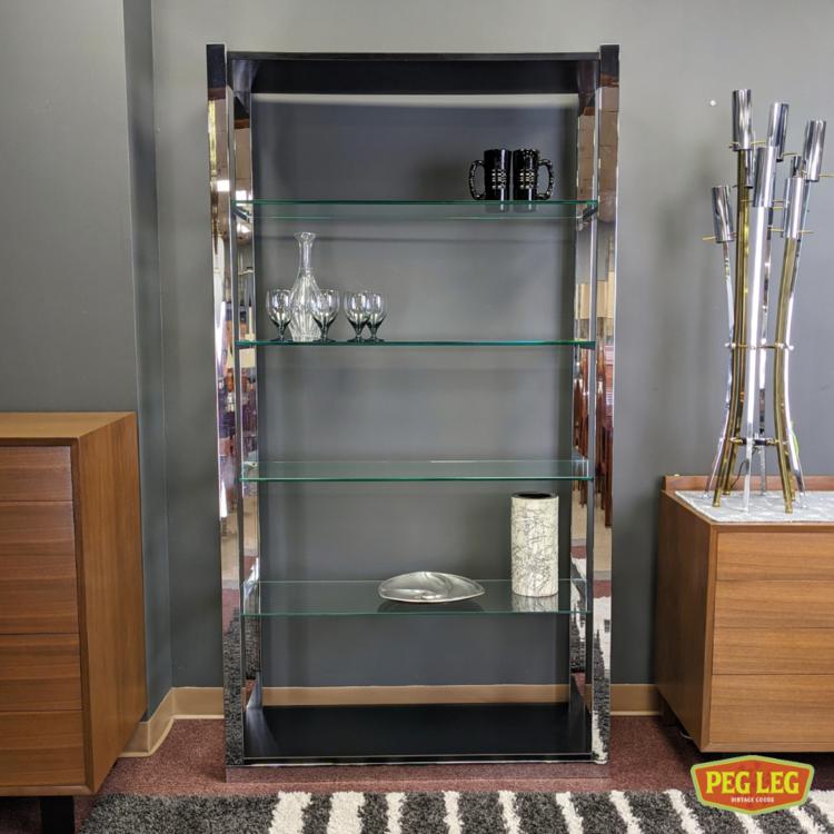 Vintage chrome and black etagere with glass shelves