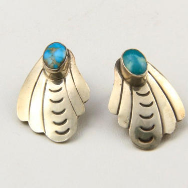 Vintage Navajo Sterling Silver & Turquoise Clip On Earrings Blue Green Stone 